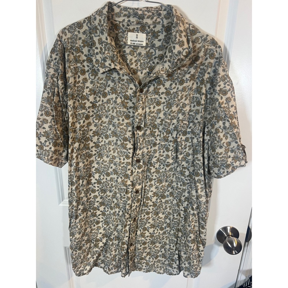 Mutual Weave Mens Button Down Shirt Floral Linen Blend Beige XX-Large